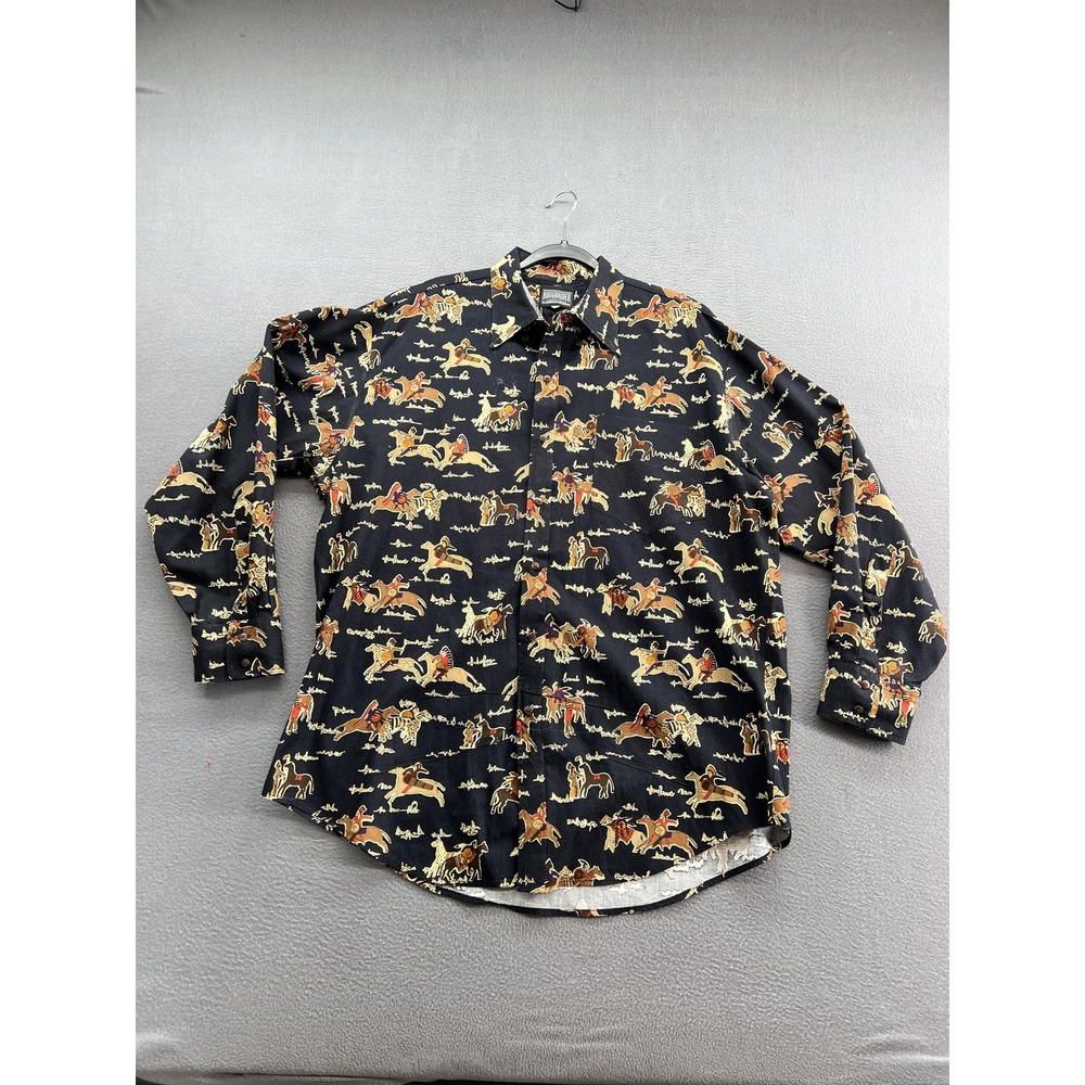 Roughrider Shirt Mens Extra Large Black Western Horse Print Button Down Cotton